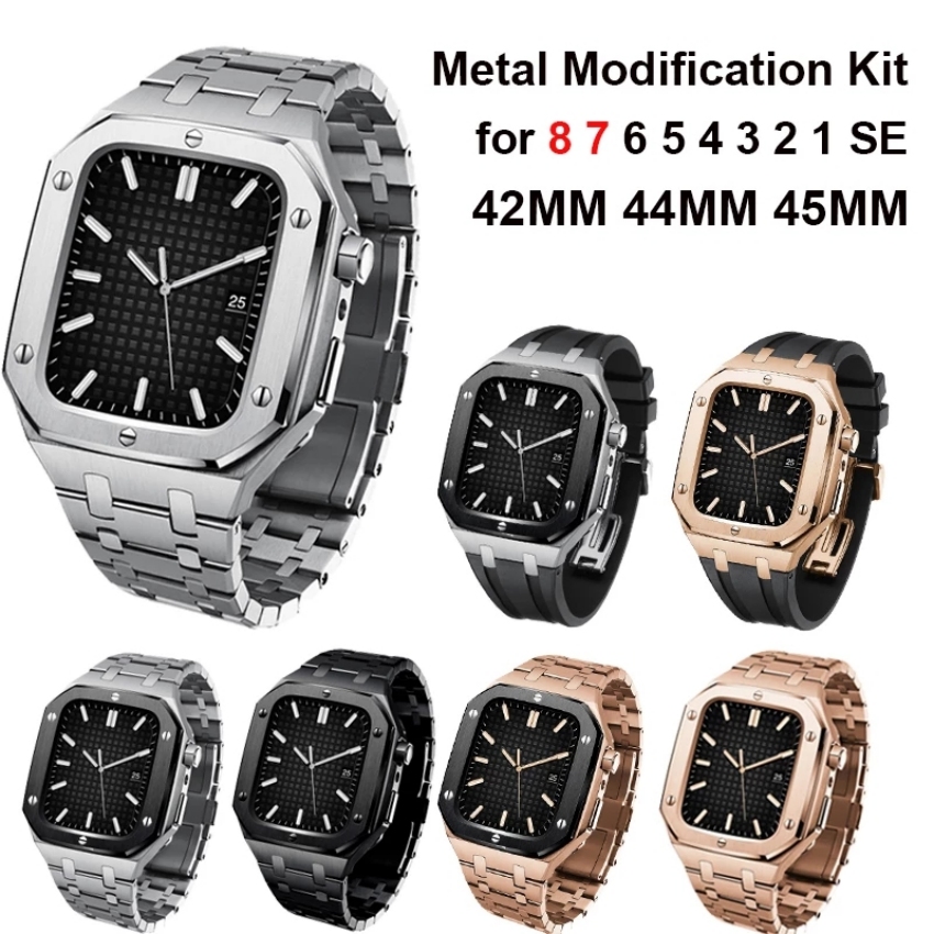 

Stainless Steel Modification Mod kit Strap with Case For Apple Watch Band 8 45mm iWatch Series 7 6 5 SE 44mm Watchband Noble Luxury Metal Watch Straps