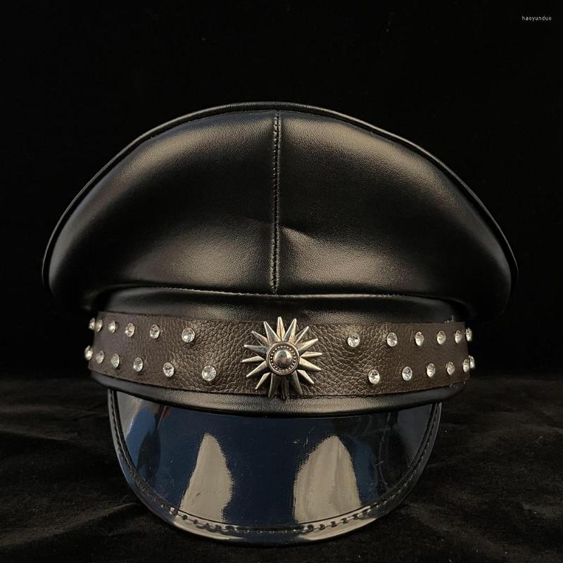 

Berets 3Size Men Women Leather Military Hat Shower Punk Army Cortical Sergeant Cap Rave Festival Cosplay, Black