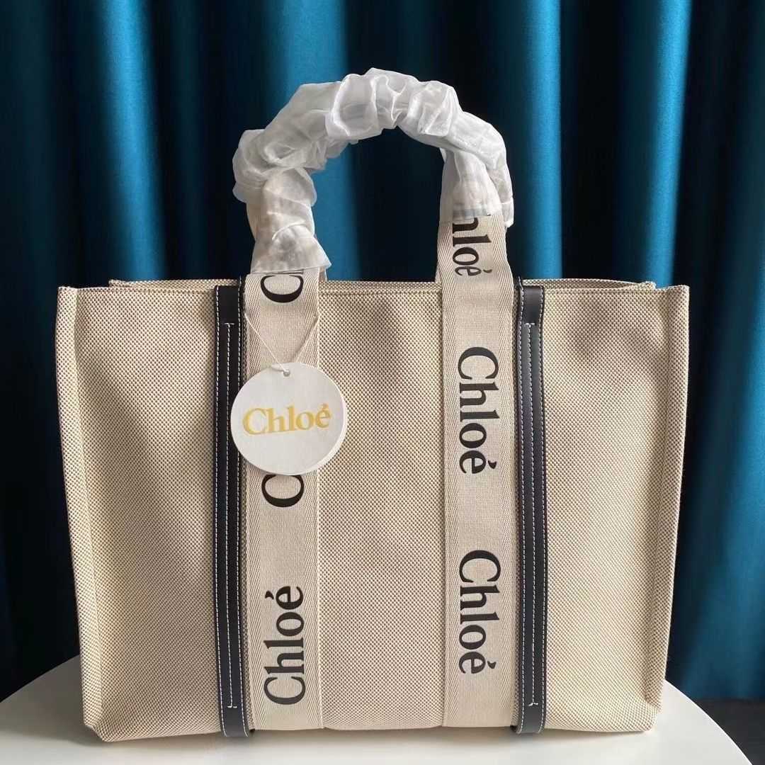 

WOODY Tote chole handbag Canvas Letter Bag Smooth Cowhide Splice Ribbon Shopping Large Capacity Travel Mummy 5UPH, Sky blue