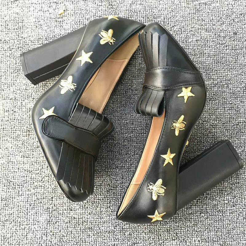 

Designer High Heels Marmont pump Embroidered leather bee and star fringe pumps Double tone hardware Toe Pumps chunky heel 5cm 10cm US 4-11 8GKM, 5cm beige
