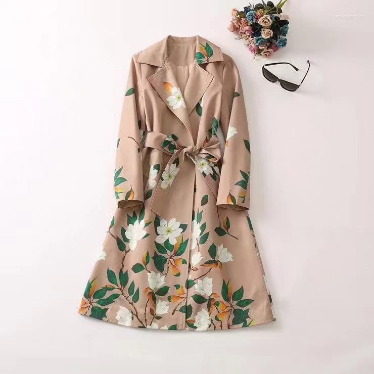 

Women' Trench Coats European And American Women' Wear For Winter 2022 Long Sleeved Suit With Floral Print Belt Fashion Coat XXL, Khaki