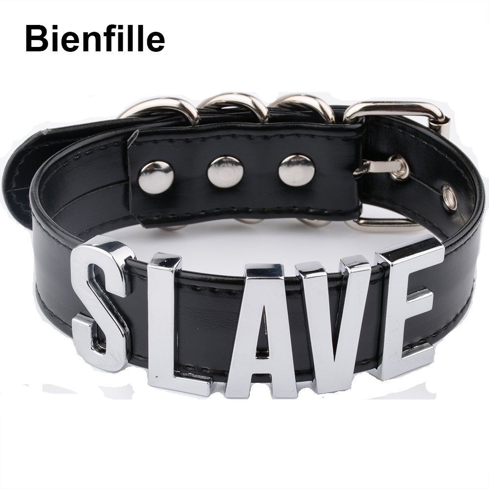 

Chokers Fashion Gold Men Necklace Women Girl Slave Name Word Collar Buckle Black PU Leather Kawaii Jewelry 221128