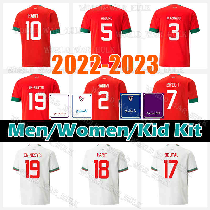 

2022 Morocco soccer jerseys maillot de foot HAKIMI ZIYECH BOUFAL BELHANDA EN-NESYRI MUNIR SAISS BENATIA N. AMRABAT BOUTAIB HARIT football shirts BOUSSOUFA White red, Men 2022 jersey(mo luo ge)+patch