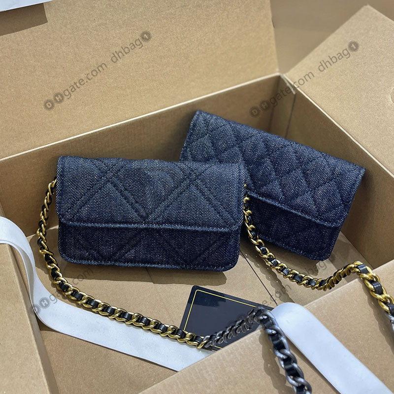 

15x8cm Womens French 19 woc Designer Wallets Blue Denim Diamond Pattern Quilted Luxury Handbag Gold Hardware Shoulder Crossbody Coin Purse Card Holders Wallets, Blue 19