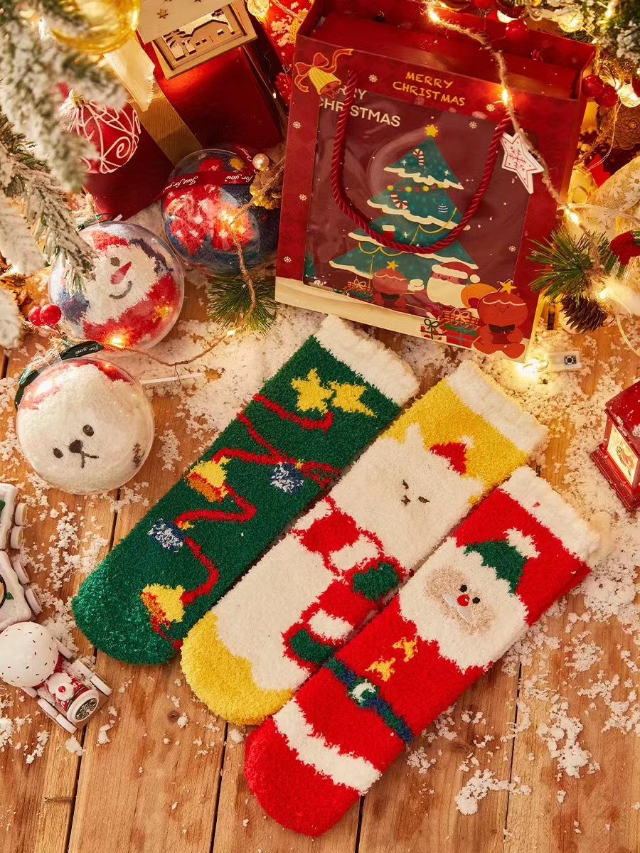 

Christmas socks accessories women's stockings decorated ball gift box cute autumn/winter floor warm coral velvet