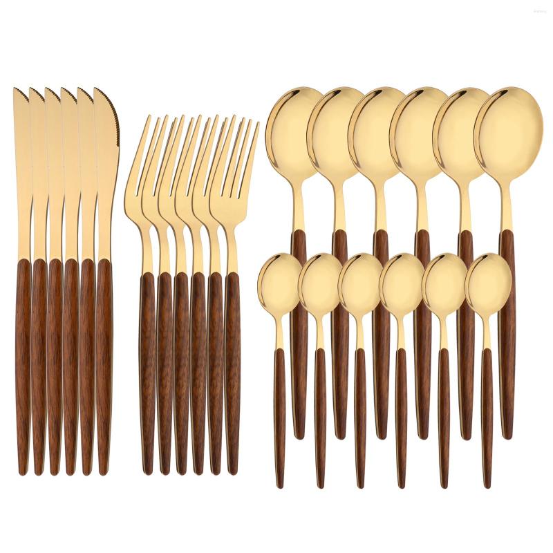 

Dinnerware Sets 6Peoplr Gold Stainless Steel Cutlery Wooden Handle Vintage Tableware Spoon Fork Knife For Home Kitchen Flatware Set, Silver