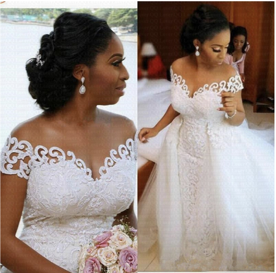 

Amazing Off the Shoulder Arabic Mermaid Wedding Dress With Detachable Train Lace African Wedding Gown, Coral