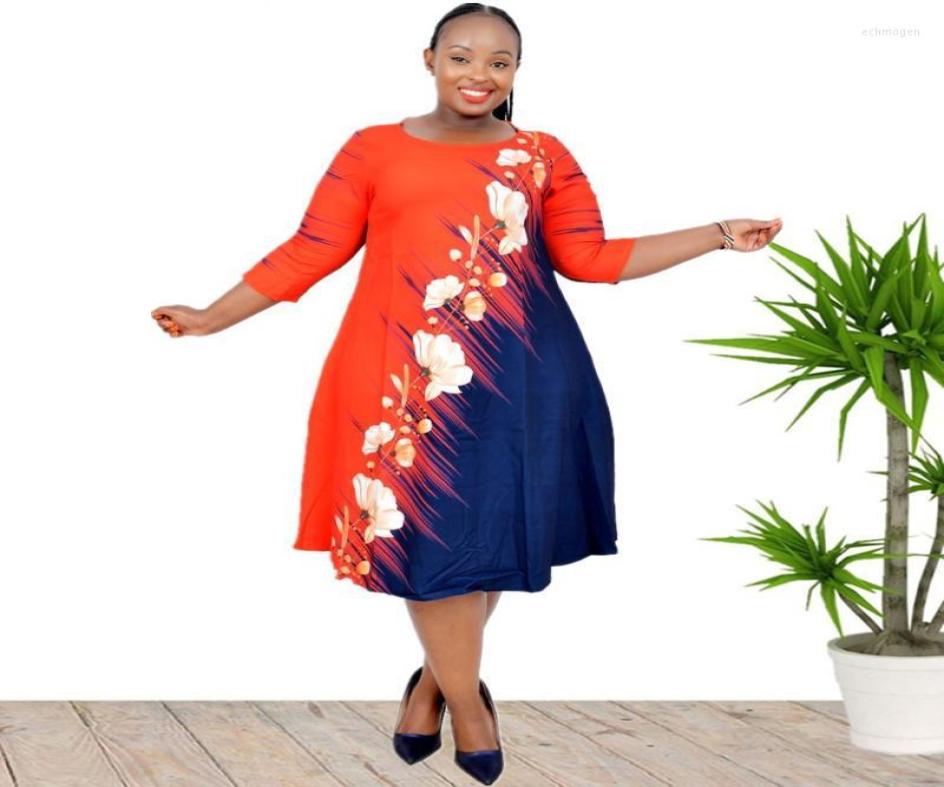 

Plus Size Dresses 5XL 6XL Dress African Women Clothing O Neck Threequarter Sleeve Flower Print Office Ladies Party Vestidos Echm2, Orange
