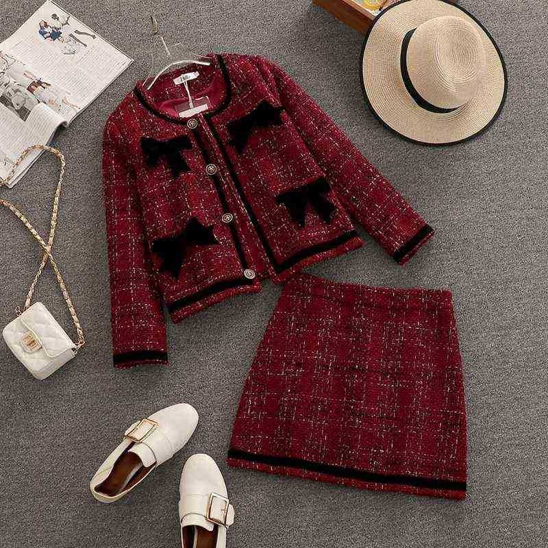 

Hgih Quality Small Scent Tweed Two Piece Set Women Crop Top Short Jacket and Skirt Sets Fall Winter Vintage 2 Piece Suits J220813, Red