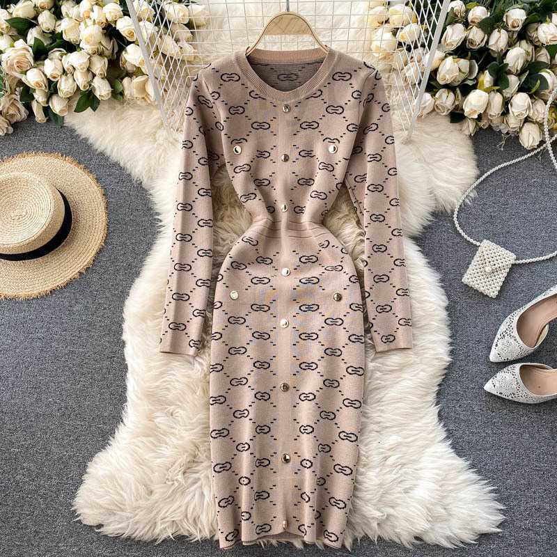 

Casual Dresses designer Knitted Sweater Dress Women' Autumn Winter New Fashion Retro Round Neck Jacquard Tight Package Hip Vestidos 8KRZ