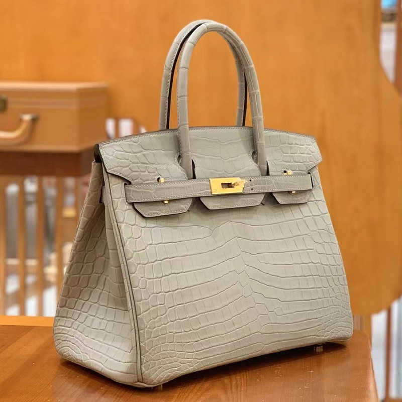 

Designer Bags Hem Handbags Women Cluth Fashion Hand Sewn Women's Bag Luxury Faced Nile Crocodile Leather Pearl Grey Togo Pu Oh3p Mess Bird, Pearl grey gold buckle
