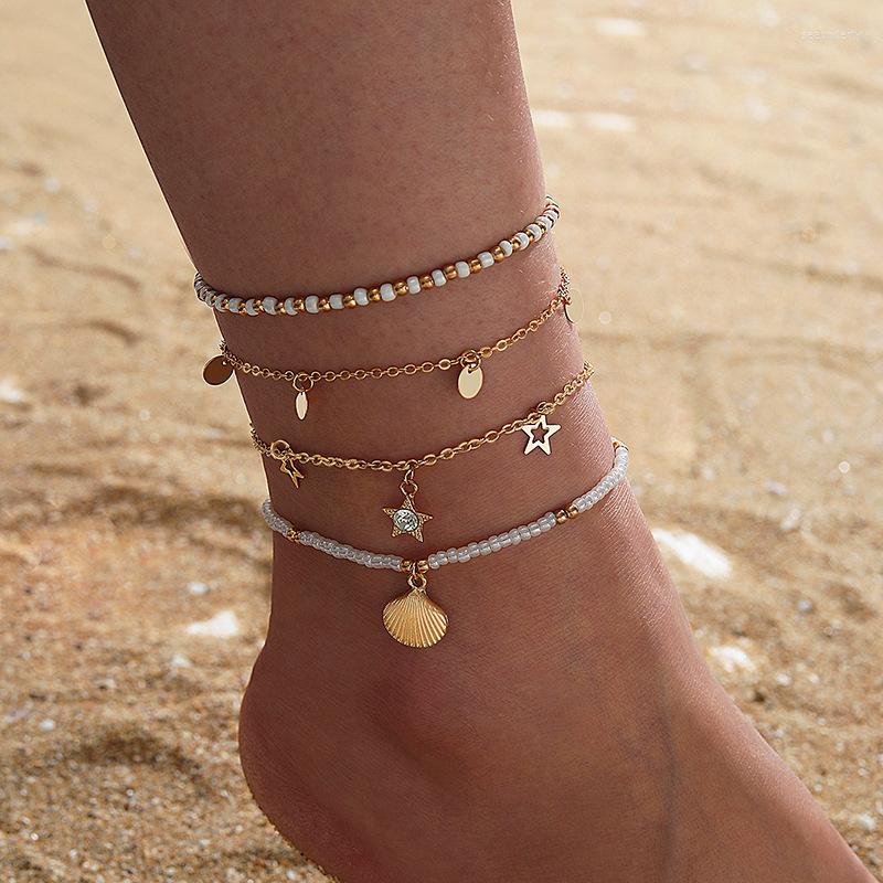 

Anklets Boho Style Beaded Star Sequins Foot Chain Anklet Set Summer Beach Gold Color Metal Pearl Shell Barefoot Women Jewelry