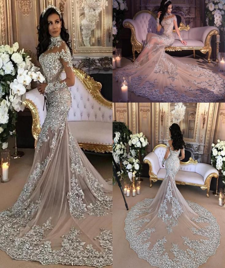 

Luxury Sparkly 2022 Mermaid Wedding Dress Sexy Sheer Bling Beads Lace Applique High Neck Illusion Long Sleeve Champagne Trumpet Br6212882
