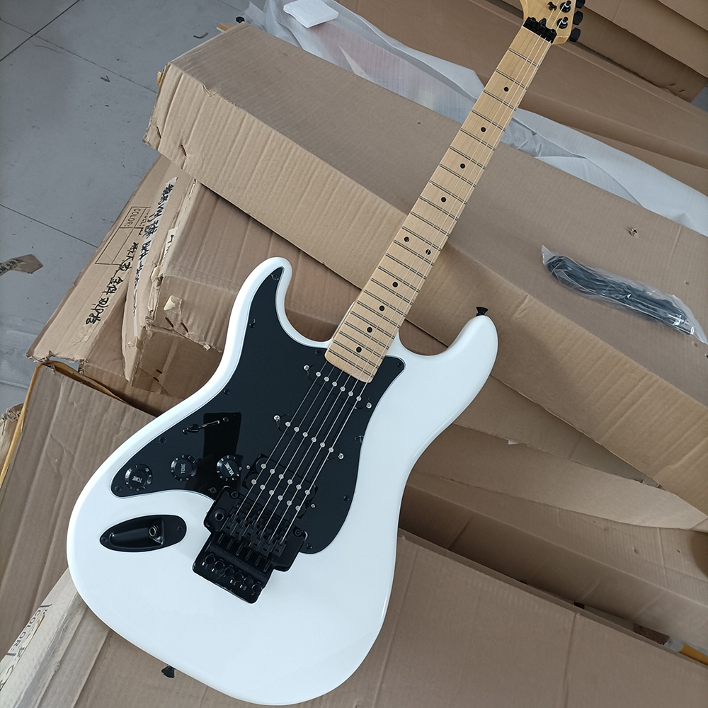 Left Hand 6 Strings White Electric Guitar with Floyd Rose Maple Fretboard Customizable-image-824157081