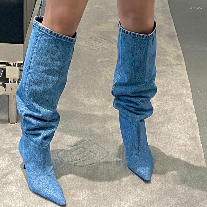 

Boots Pointed Toe Denim Pile Stiletto Women's Knee High Slip On Shoes For Woman, Picture shown