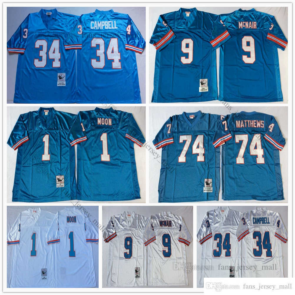 

NCAA Vintage Football 1 Warren Moon Jersey 9 Steve McNair 34 Earl Campbell 74 Bruce Matthews Jerseys Men Blue White Mitchell Ness, Same as picture