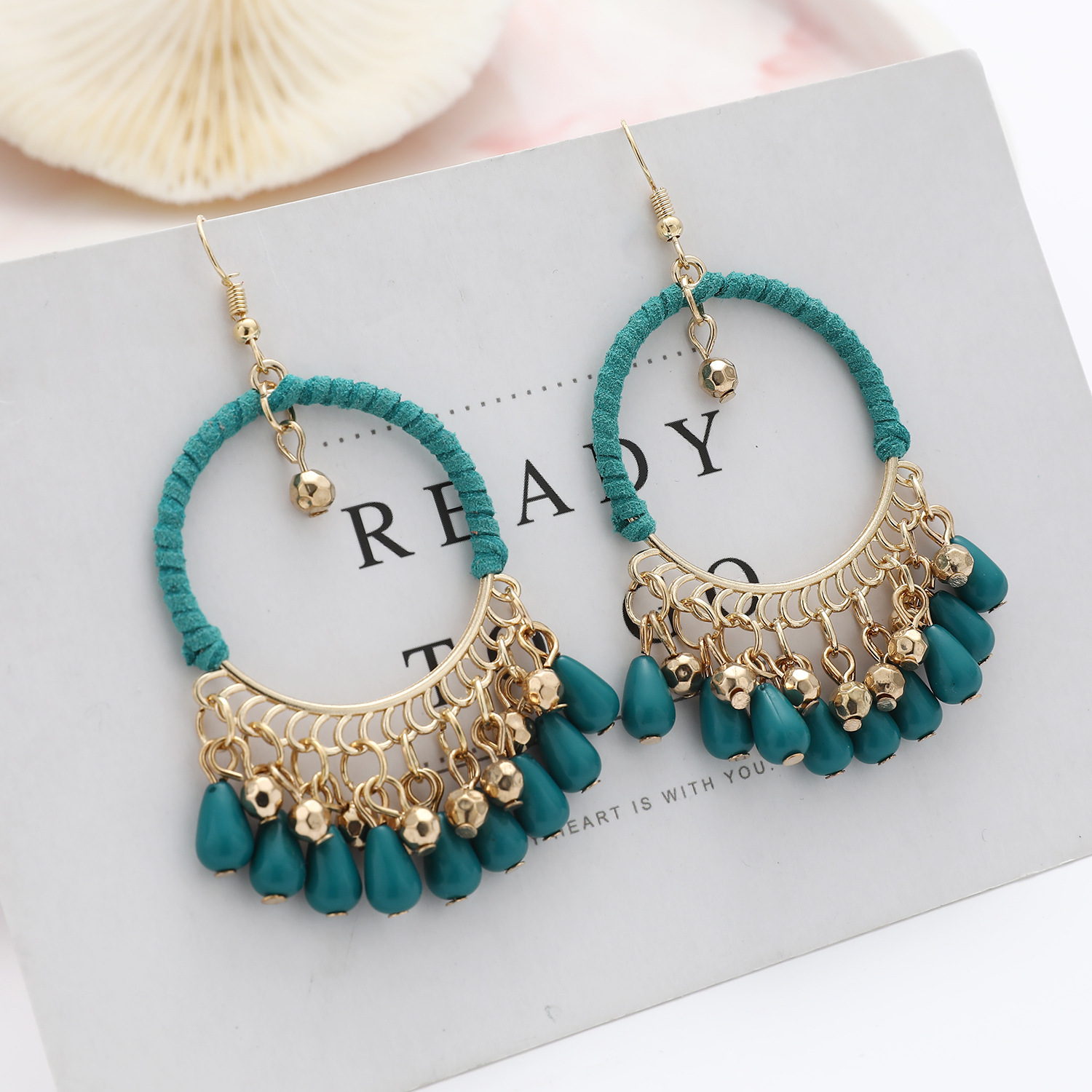 

Chandelier National style temperament Hand woven earrings Bohemian Restoring ancient ways circular Water drop tassel earrings