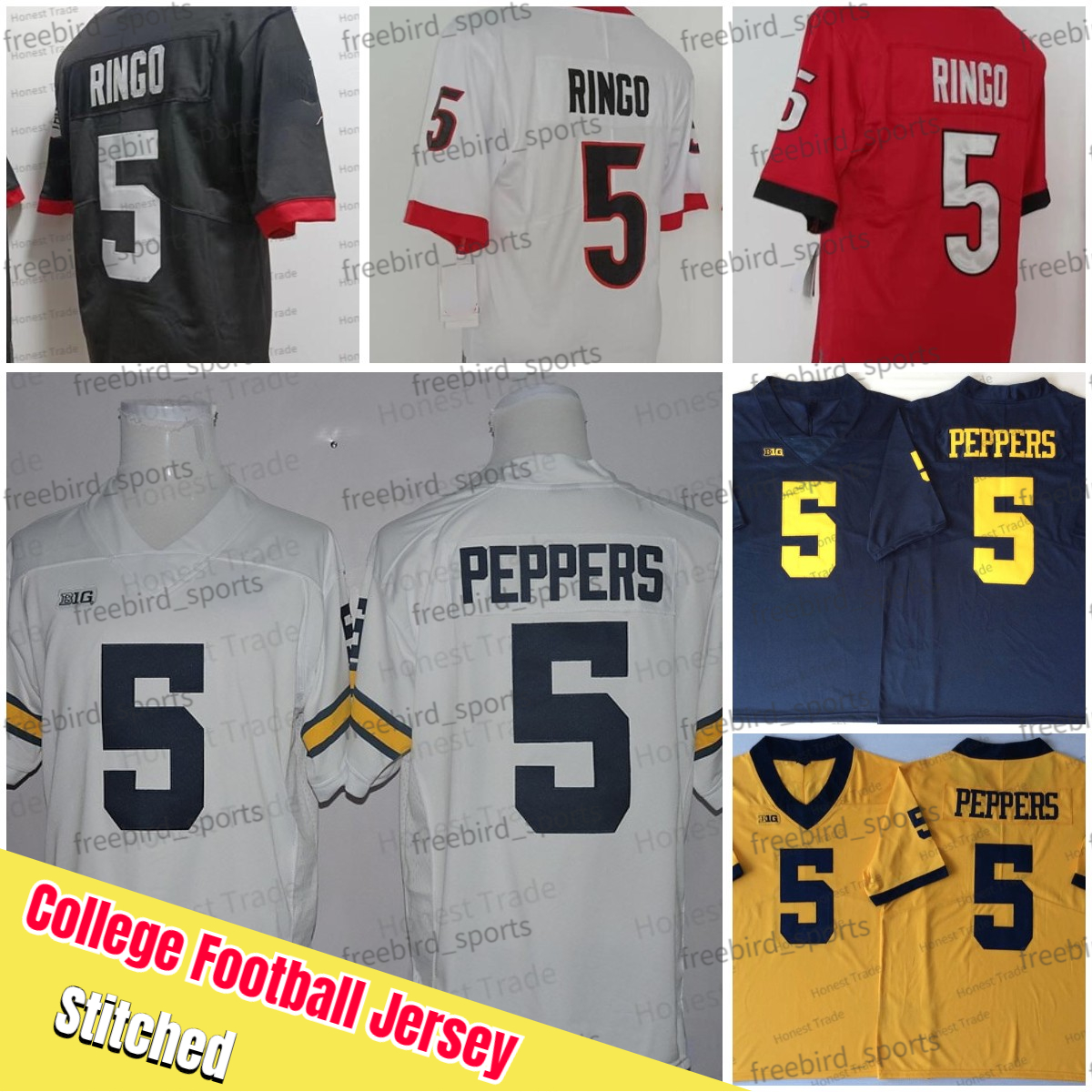 

College 5 Jabrill Peppers Football Jersey Navy Blue NCAA Michigan Wolverines 5 Kelee Ringo Red Yellow Mens Football Jerseys Stitched, Men jersey