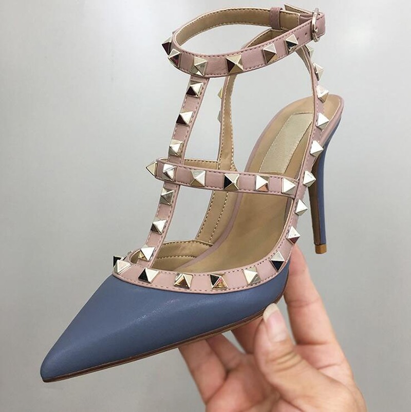 

2022 European style patent glossy noodles ladies sandals fashion metal nails luxury 10cm high heels 2 tapes quality real leather, With box + red dust bag