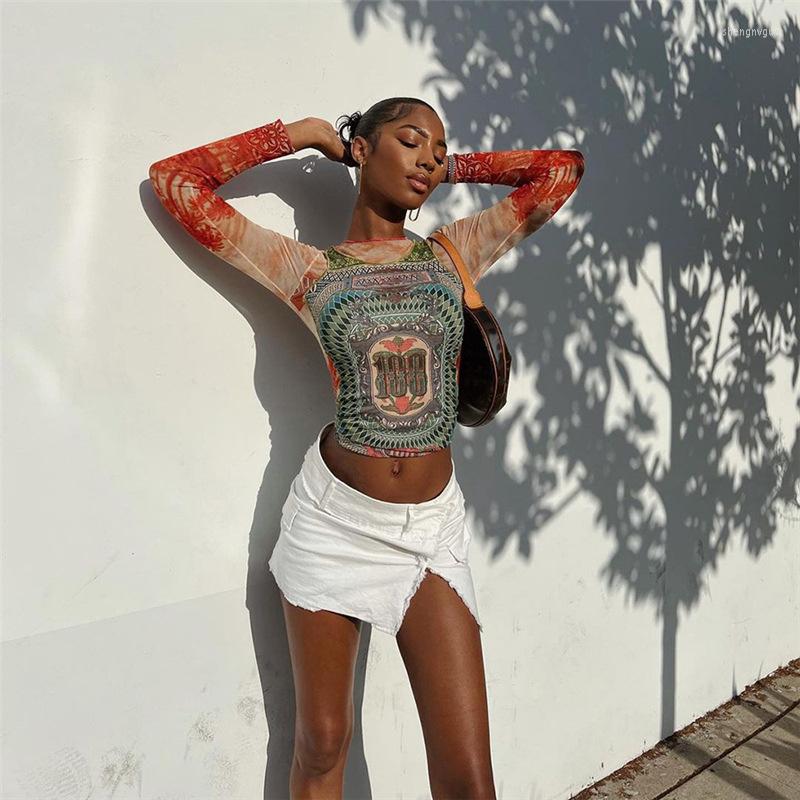 

Women' T Shirts 2022 Summer Women' Clothing Fashion Print Round Neck Street Hipster Mesh Contrast Color Long Sleeves Top, Red