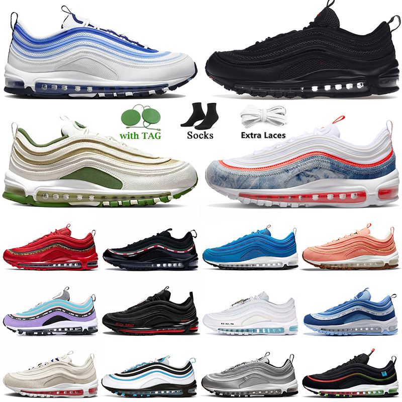 

2023 Satan 97 Running Shoes For Men Women AirMaxs 97s MSCHF x INRI Jesus All Black White Offs Washed Denim Sail Treeline Sean Wotherspoon Sports Sneakers Trainers, A#3 black university red 36-45