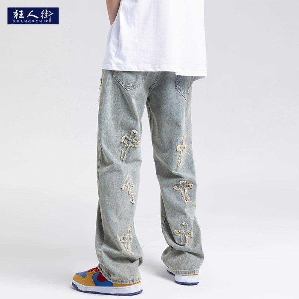 

Men's Jeans Chromes' Heartss Designer Pants Male Autumn Tide Ins American High Loose Straight Cross Wide-legged Sweaterpants High Quality Cotton Luxury Brand, The yellow earth