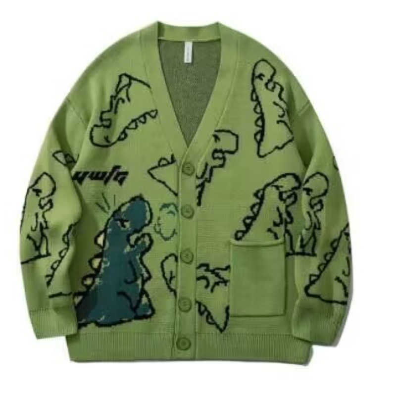 

Hip Hop Mens Knitted Sweater Doodle Dinosaur Pattern Harajuku Oversize Streetwear Loose Cardigan Pullover Men Women Coat, Green