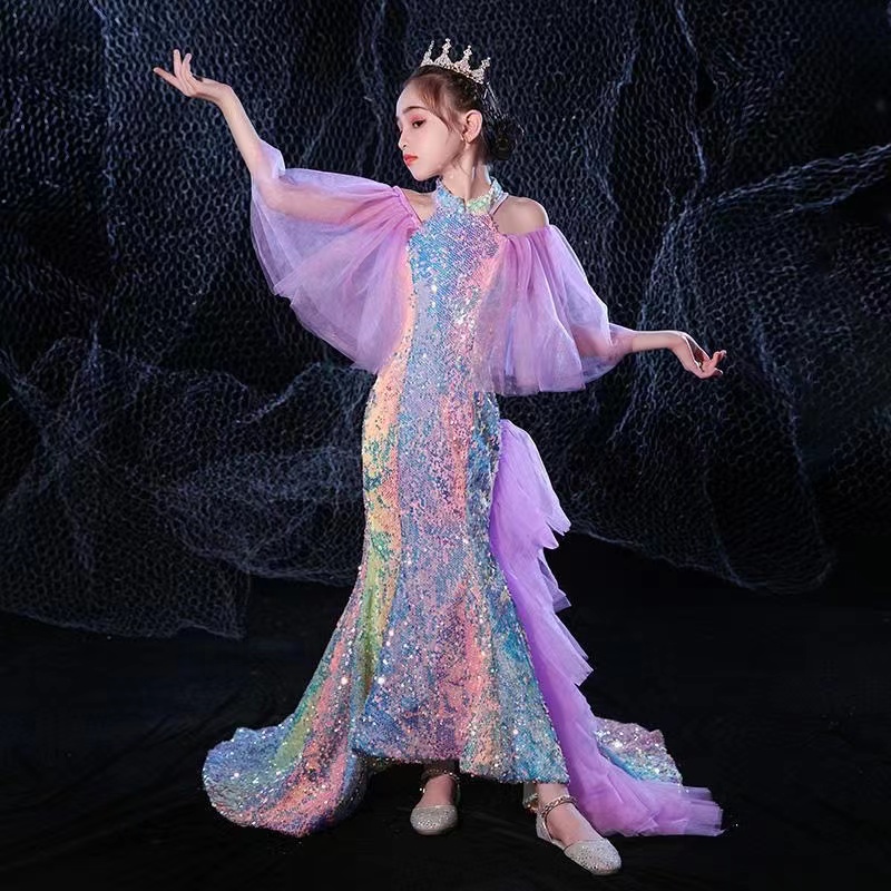 2023 robes de demoiselle d'honneur pour le mariage coloré Shinny Girl's Pageant fait à la main fleur à manches longues robes de sirène paillettes