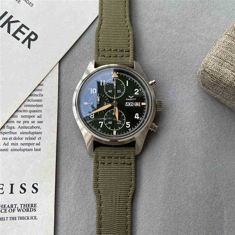 

Green Pilots Steel Canvas Olive Men Straps Sapphire Crystal Luxury Chronograph Watch Stainless I9x0