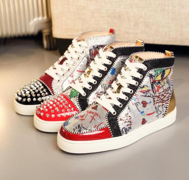 

Luxury Designer Christians Red-Bottoms Sneakers Women Men Shoes Luxury Print Silver Pik Pik No Limit studs and rhinestones graffiti Snea jbZ