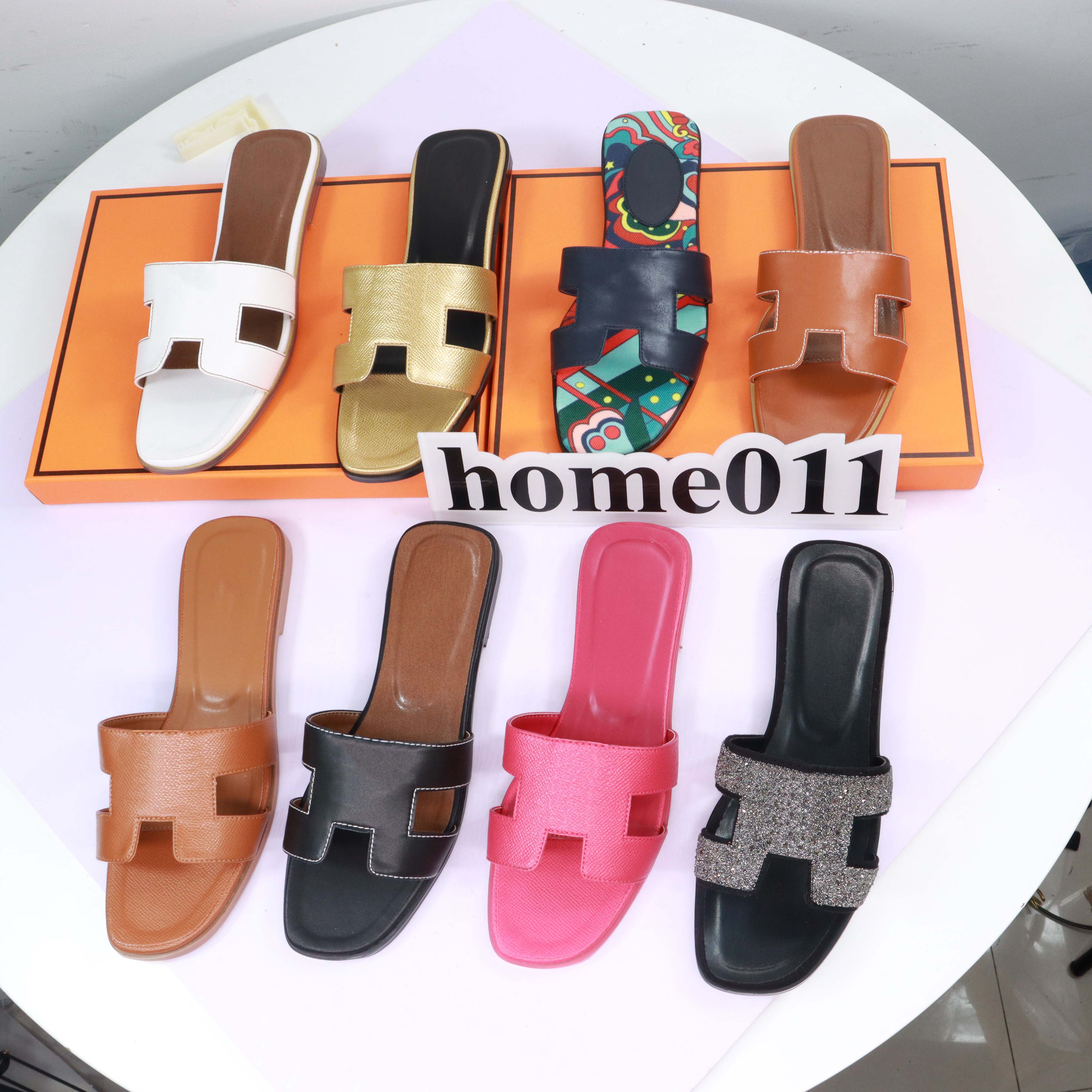 

Ladies Sandals Summer Flat Shoes Women Slippers Luxury Designer Leather Fashion Beach H Letter Drag 35-42, Box