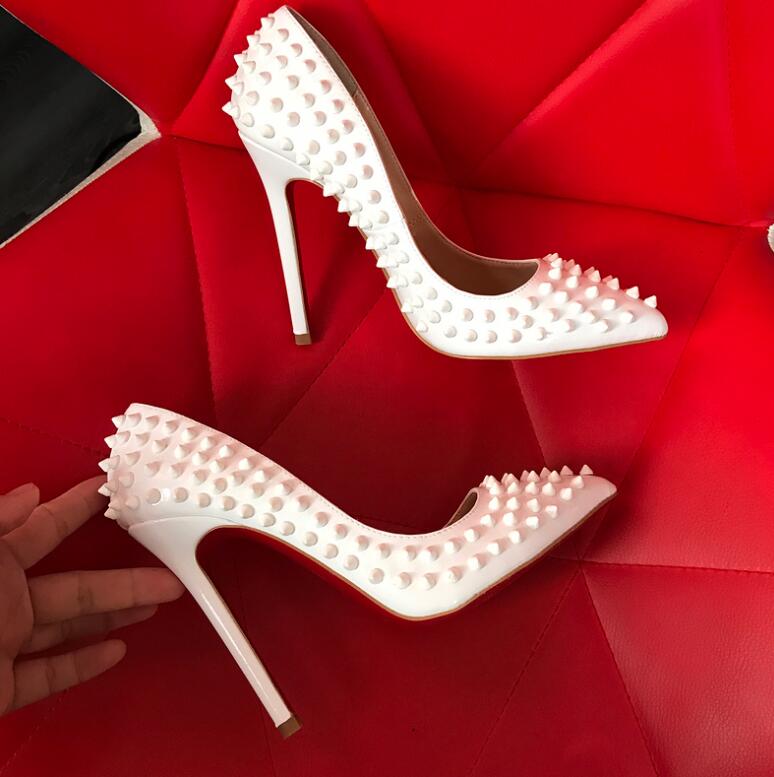 

12cm High Heels Shoes Wedding Pumps Nude Patent Leather Rivet Spikes Poined Toes Women Lady Leather Stiletto Heel 34--44, 10