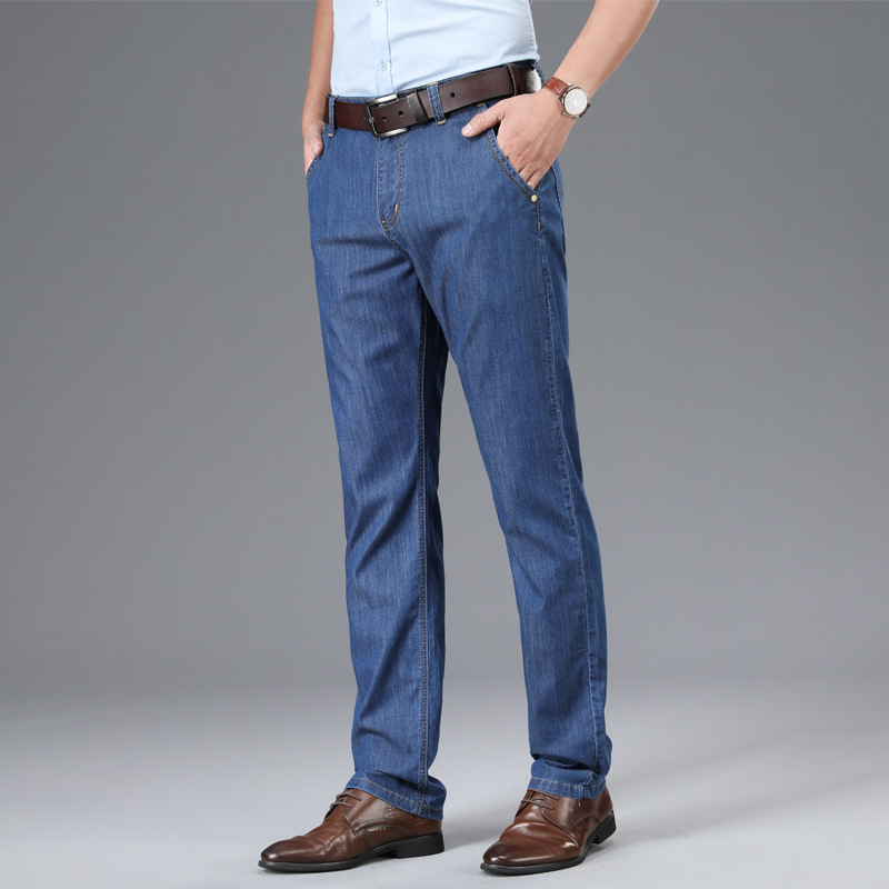 Summer Tencel jeans men's business high waist straight denim long pants loose wash washable anti-wrinkle and free scalding