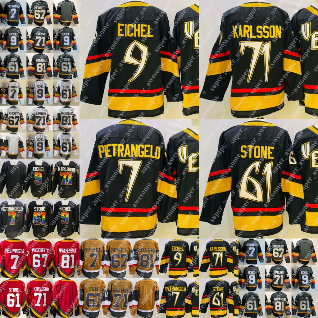 

9 Jack Eichel Jersey 7 Alex Pietrangelo 71 William Karlsson 61 Mark Stone Jonathan Marchessault Black Hockey Jerseys Gold Grey White Red Stitched