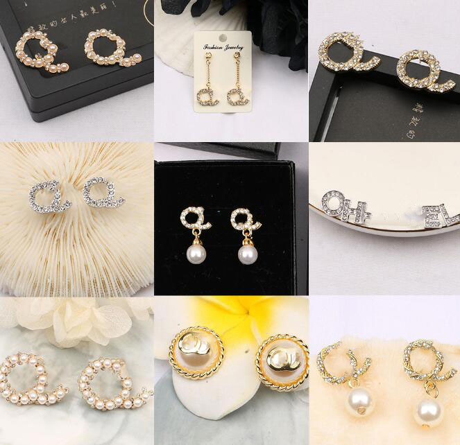 

20colors Simple Brand Designer Letters Stud 18K Gold Plated Long Earring Crystal Geometric Women Rhinestone Pearl Wedding Party Jewerlry Accessories