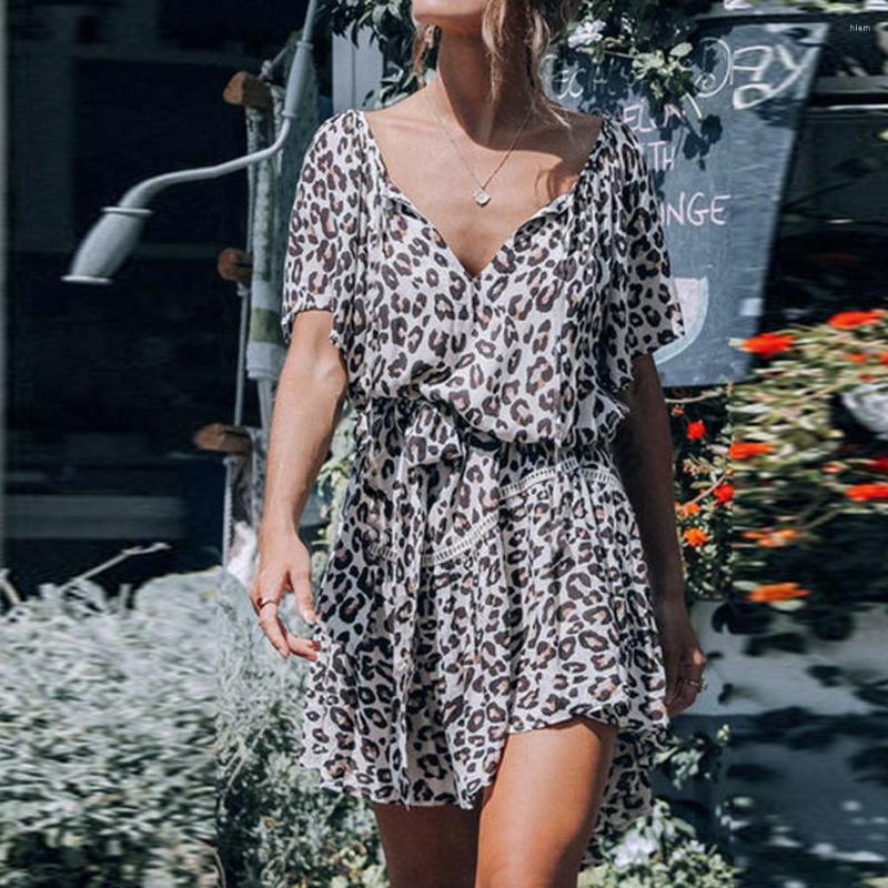 

Hoodies Chiffon Leopard Print Off Shoulder Sexy Summer Sleeve Deep V-neck Loose Mini, C597-1