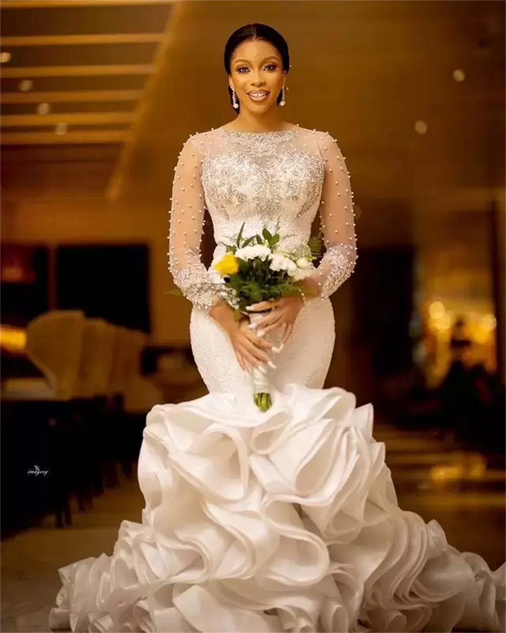 Luxurious Lace Crystals Mermaid Wedding Dresses Sheer Neck Long Sleeves Pearls Beaded Tiers Ruffles Bridal Gowns Plus Size-image-760358761
