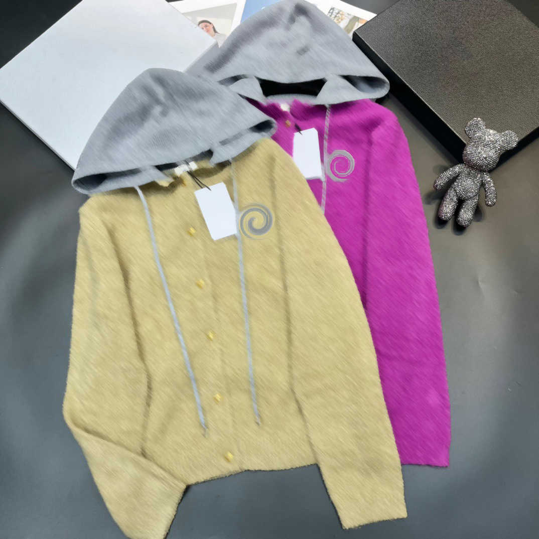 

Womens Sweater Chest Flocking Logo Color Matching Hooded Drawstring Design Knit Sweaters Custom Button Open Long Sleeve Standard Knitwear Women Clothing 2 Colors