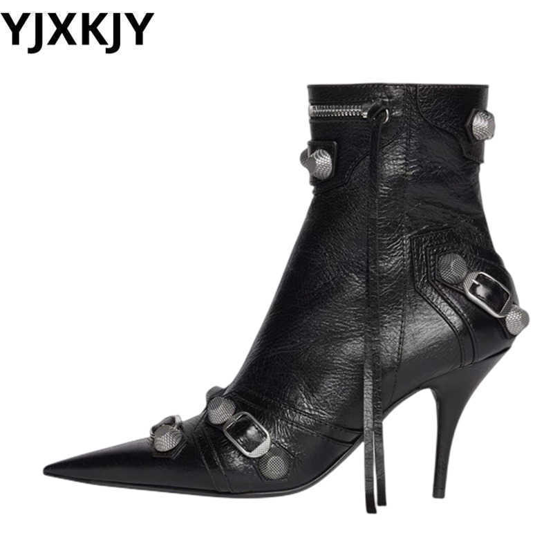 

Winter Boots Women Slim High Heel Metal Buckle Chain Luxury Shoes Fashion Comfortable Pointed Toe Ankle Stiletto Short 221130, Yellow nine.