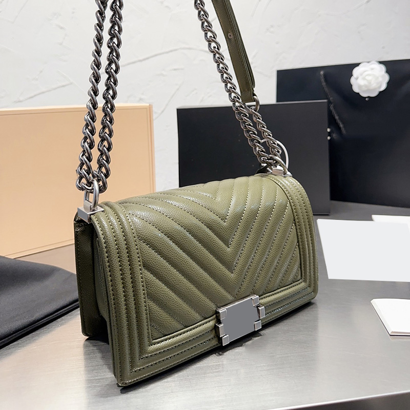 

Womens Classic Boy Diamond Lattice/Chevron Caviar Bags V-stitch Quilted Flap Designer Calfskin Cowhide Interwoven Chain Crossbody Shoulder Handbags 25cm 7 Colors, Box