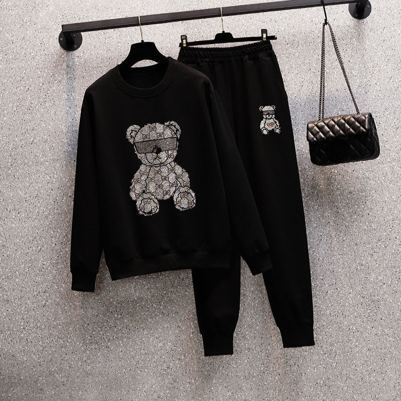 

Women's Two Piece Pants Autumn Brand Velvet Suit Women Plus Szie Large WomenFat Sister Meat Covered Bear Sweater Sweatpants 221130, Black