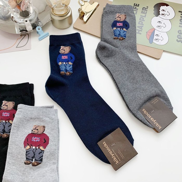 

Mens Socks Cartoon Gentleman Bear Cotton Harajuku Skateboard Novelty Breathable Sox Christmas Gift calcetines 221130, B navy