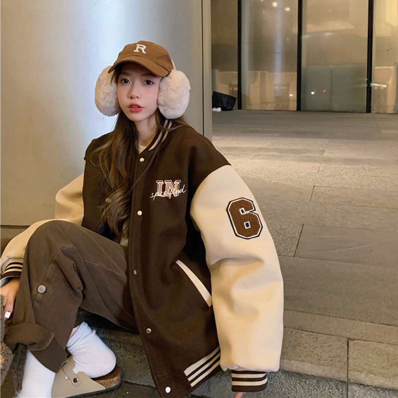 

Men's Jackets Y2k Varsity Bomber Jacket Women Red Brown Korean Fashion Winter Coat Vintage Baseball Hip Hop Streetwear Outerwear 221129, Burgundy