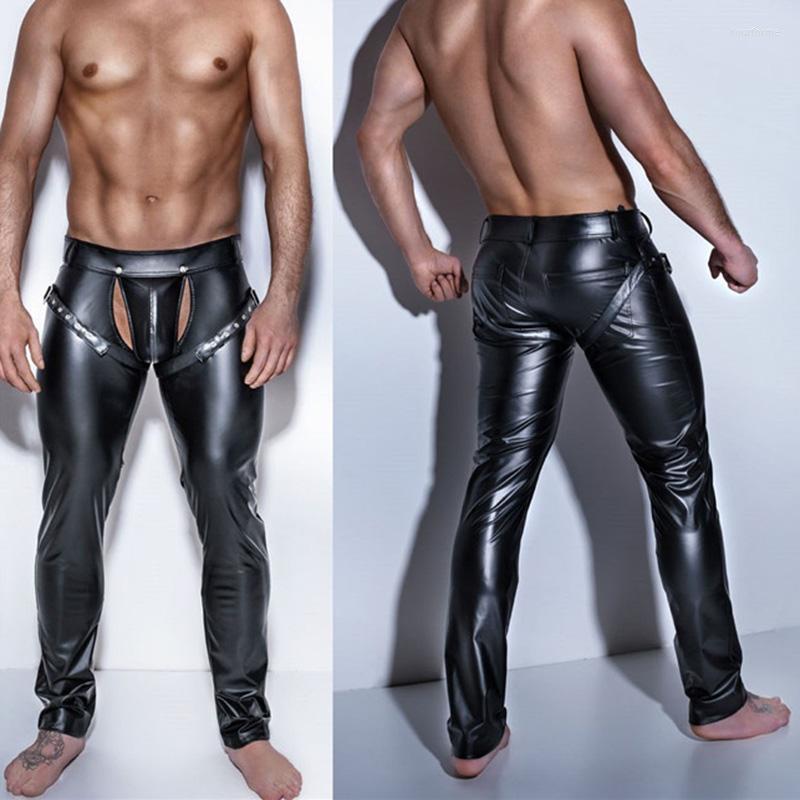 

Men's Body Shapers Mens Trousers Open Crotch PU Leather Latex Leggings Fitness Pencil Pants Taniec Na Rurze Clubwear Gay Sexy Wetlook XXL