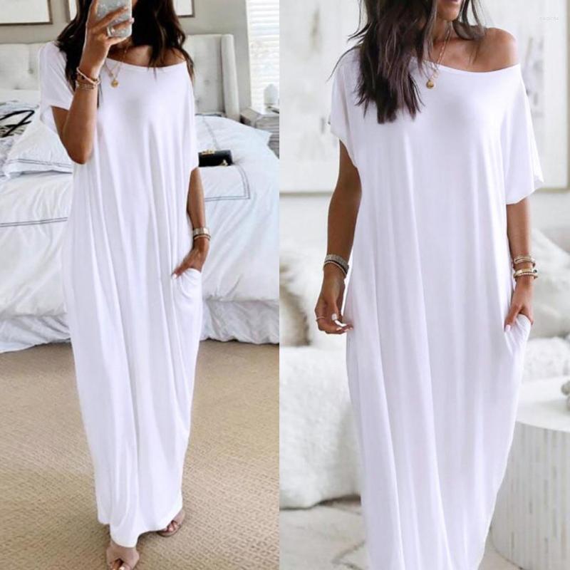 

Hoodies Solid White Maxi Long Summer O-neck Sleeve Party Vestido Robe Femme Bohemian Sundress Casual, C593-1