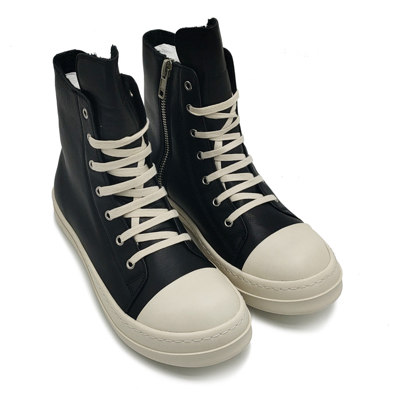 

Rick Top High Men's Women's Casual Shoes Thick Sole Cowhide Warm Cashmere RO Owens Sneakers VILV, Black