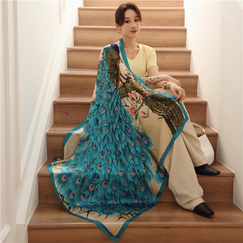 

Scarves Designer Silk Scarf Women Print Peacock Feathers Shawls Luxury Female Wraps Ladies Brand Foulard 110 110cm