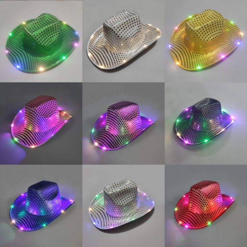 

Space Cowgirl Hat Flashing Light Up Sequin Cowboy Hats Luminous Caps Halloween Costume