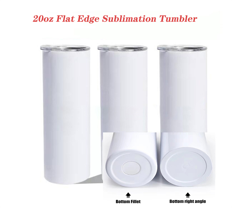 

FLAT EDGE Blank Sublimation Tumbler 20oz STRAIGHT skinny tumbler Straight Cups Stainless Steel Beer Coffee Mugs Bottom Right Angle, White