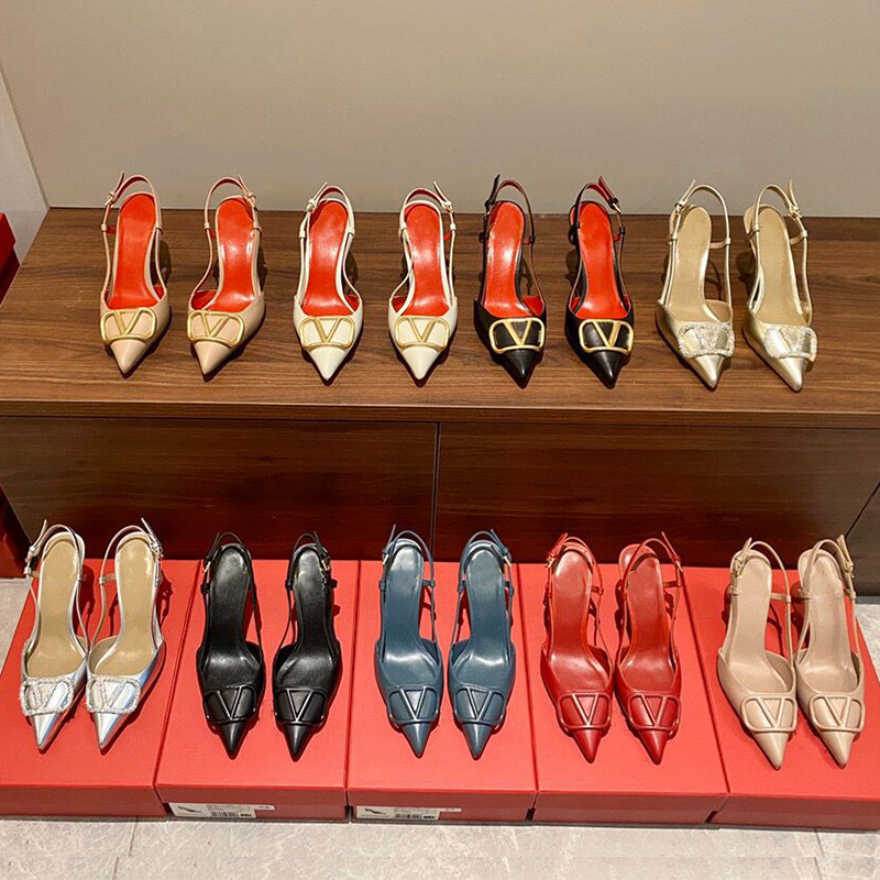 

Women Brand Sandals Genuine Leather High Heel Shoes Metal v buckle 6cm 8cm 10cm Thin Heels Pointed Toe Wedding Shoes 35-44 Box and Dust Bag, All black 1